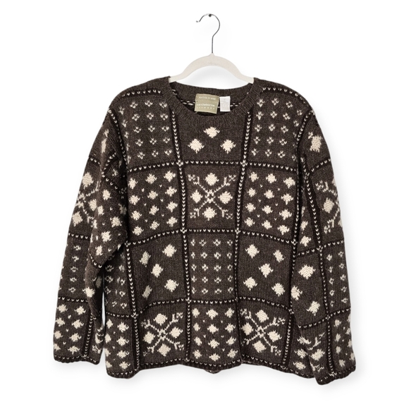 Vintage Liz Claiborne Shetland Wool Square Pattern Boxy Intarsia Knit Sweater - Picture 1 of 6